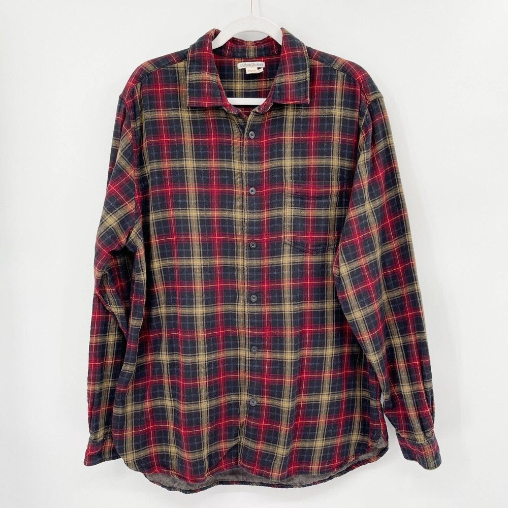 Carbon2Cobalt Plaid Button Up Flannel Shirt Size L Long Sleeve Curved‎ Hem